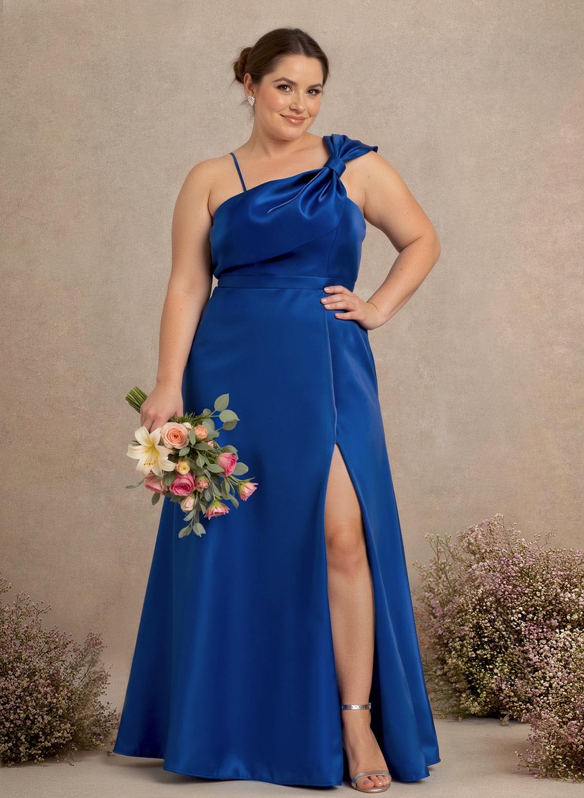 A-Line Asymmetrical Sleeveless Floor-Length Satin Bridesmaid Dresses With Bow(s)/High Split