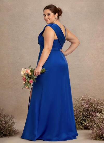 A-Line Asymmetrical Sleeveless Floor-Length Satin Bridesmaid Dresses With Bow(s)/High Split