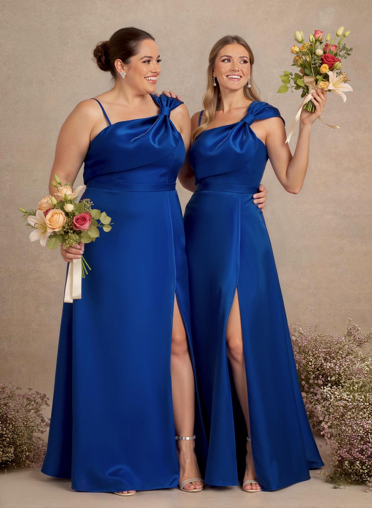 A-Line Asymmetrical Sleeveless Floor-Length Satin Bridesmaid Dresses With Bow(s)/High Split