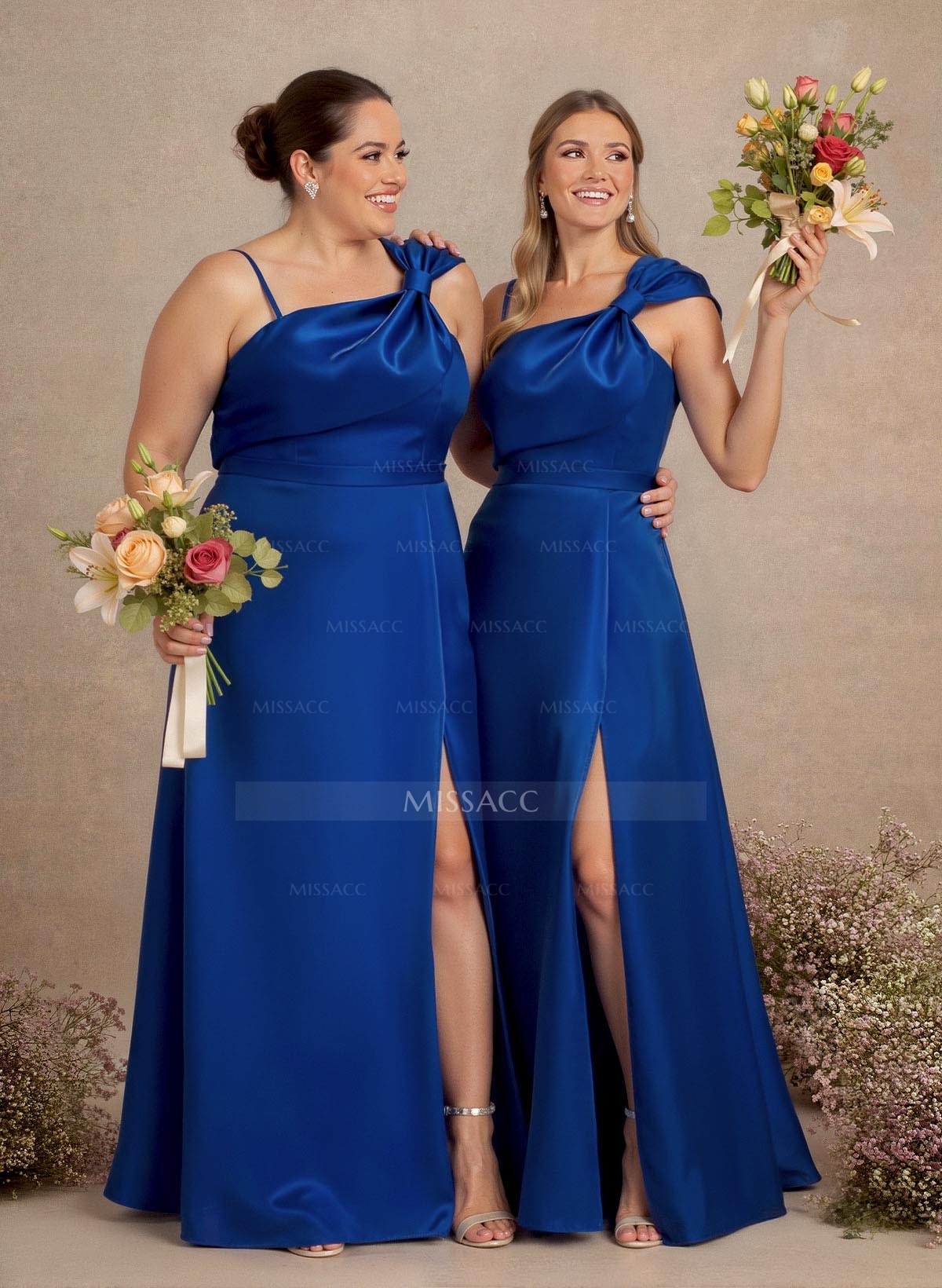A-Line Asymmetrical Sleeveless Floor-Length Satin Bridesmaid Dresses With Bow(s)/High Split
