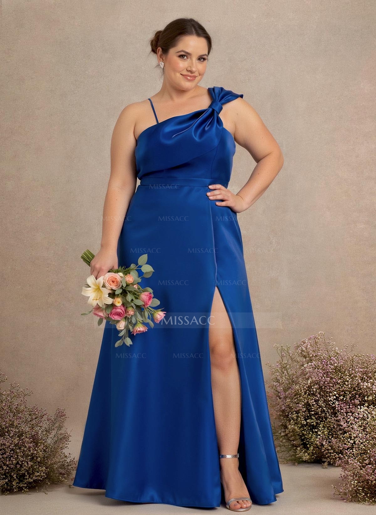 A-Line Asymmetrical Sleeveless Floor-Length Satin Bridesmaid Dresses With Bow(s)/High Split