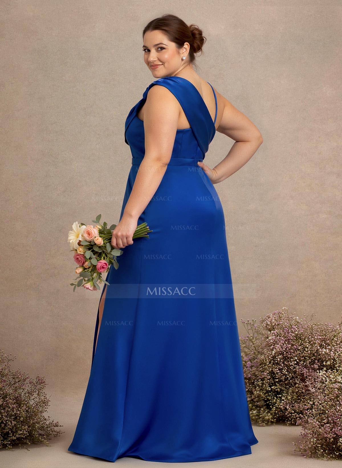 A-Line Asymmetrical Sleeveless Floor-Length Satin Bridesmaid Dresses With Bow(s)/High Split