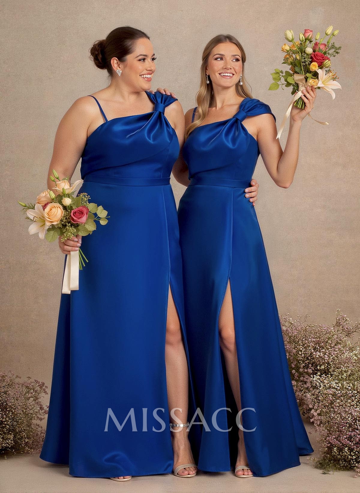 A-Line Asymmetrical Sleeveless Floor-Length Satin Bridesmaid Dresses With Bow(s)/High Split