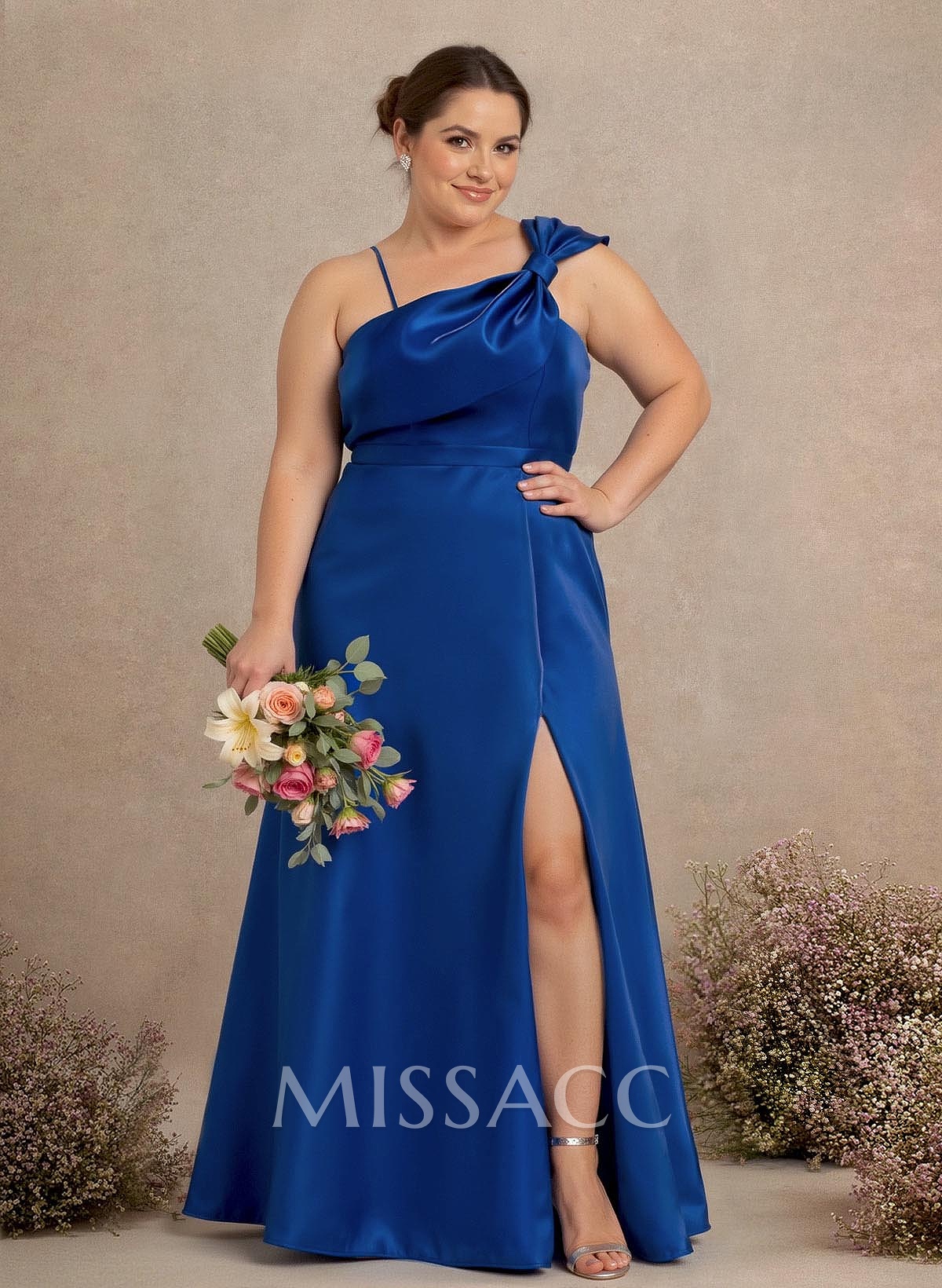 A-Line Asymmetrical Sleeveless Floor-Length Satin Bridesmaid Dresses With Bow(s)/High Split