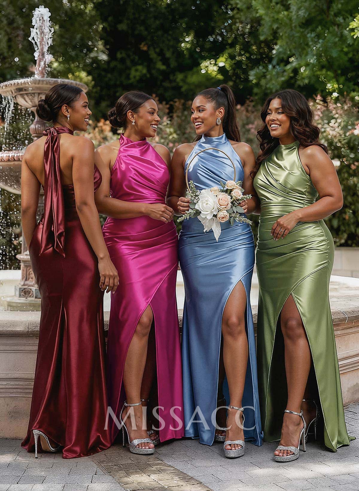 Sheath/Column Halter Sleeveless Floor-Length Stretch Satin Knit Bridesmaid Dresses With Pleated/High Split