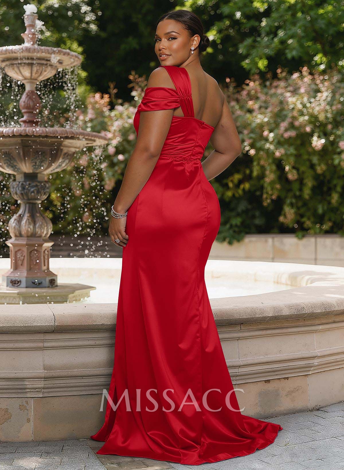 Sheath/Column One-Shoulder Sweep Train Silk Like Satin Bridesmaid Dresses With Pleated/High Split Sheath/Column One-Shoulder Sweep Train Silk Like Satin Bridesmaid Dresses With Pleated/High Split