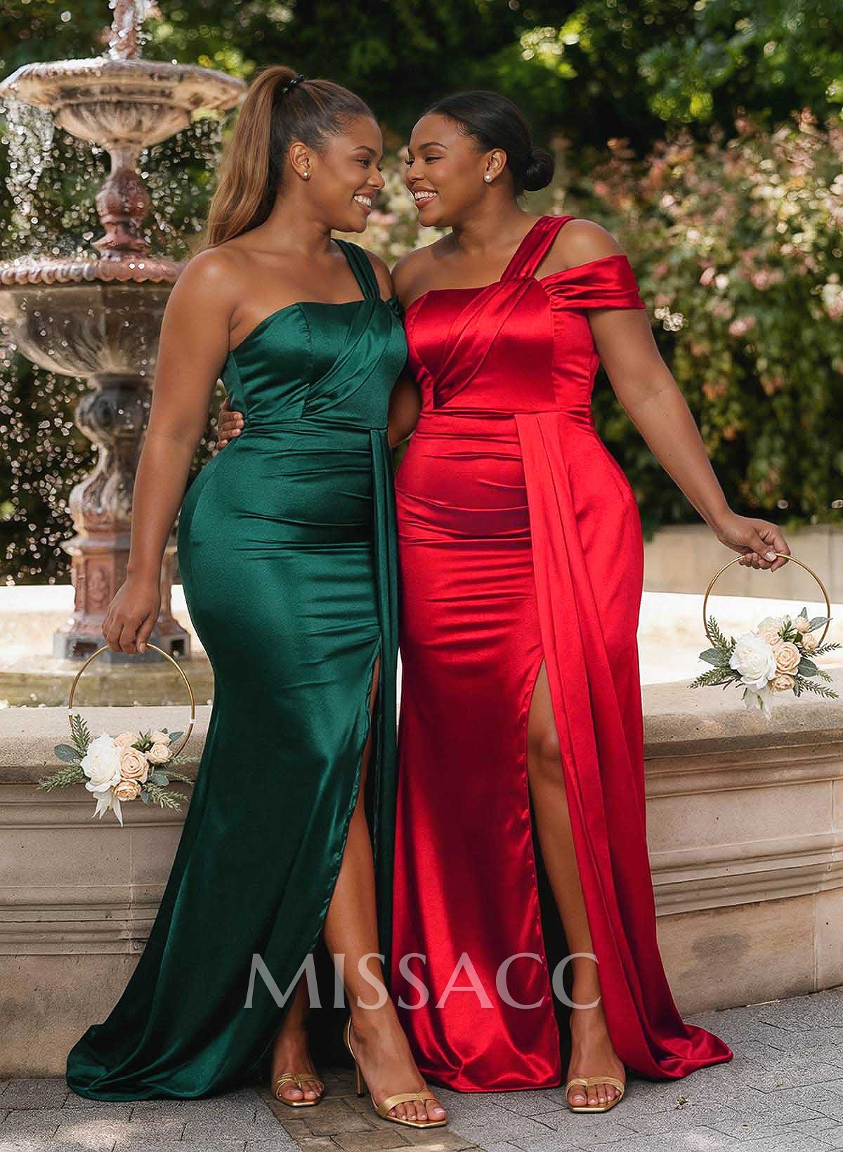 Sheath/Column One-Shoulder Sweep Train Silk Like Satin Bridesmaid Dresses With Pleated/High Split Sheath/Column One-Shoulder Sweep Train Silk Like Satin Bridesmaid Dresses With Pleated/High Split