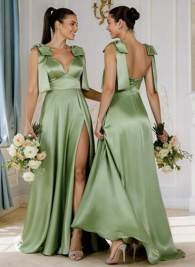 A-Line Plunge Neck Sleeveless Floor-Length Satin Bridesmaid Dresses With Bow(s)/High Split