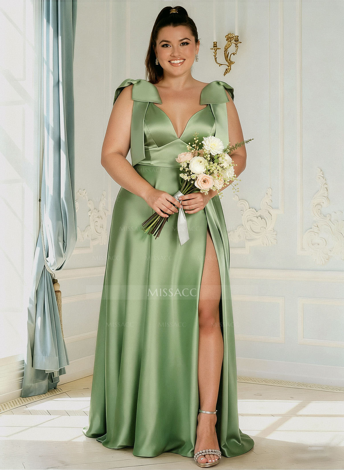A-Line Plunge Neck Sleeveless Floor-Length Satin Bridesmaid Dresses With Bow(s)/High Split