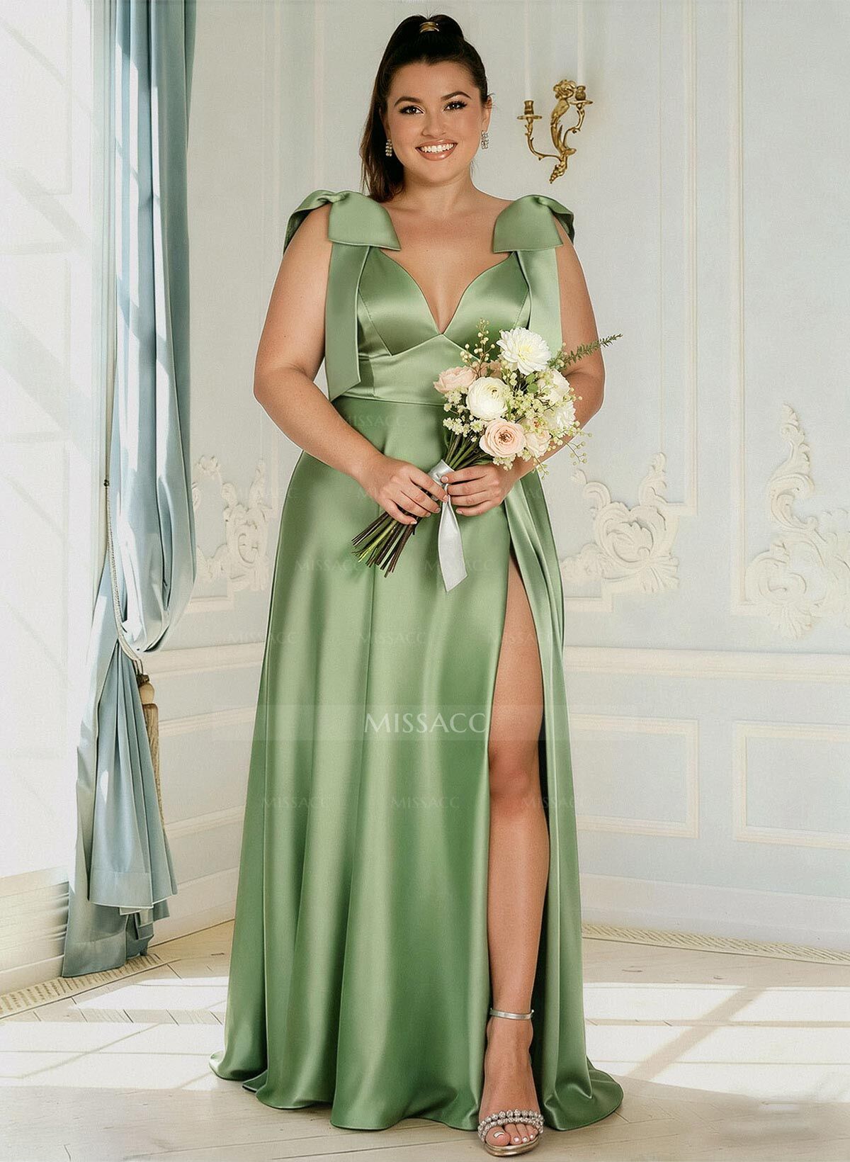 A-Line Plunge Neck Sleeveless Floor-Length Satin Bridesmaid Dresses With Bow(s)/High Split