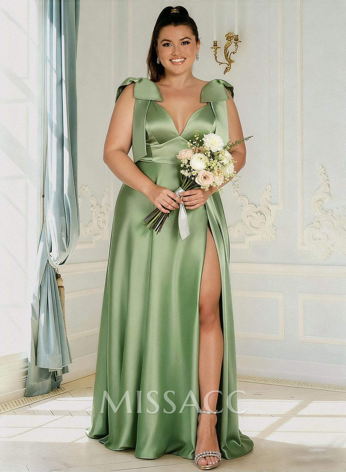 A-Line Plunge Neck Sleeveless Floor-Length Satin Bridesmaid Dresses With Bow(s)/High Split