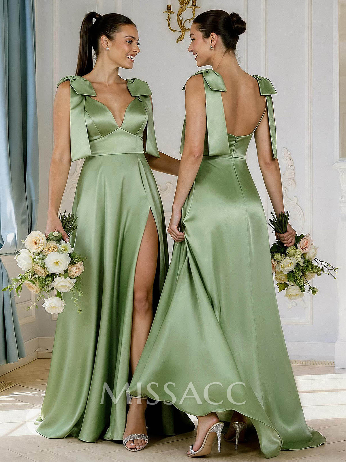 A-Line Plunge Neck Sleeveless Floor-Length Satin Bridesmaid Dresses With Bow(s)/High Split