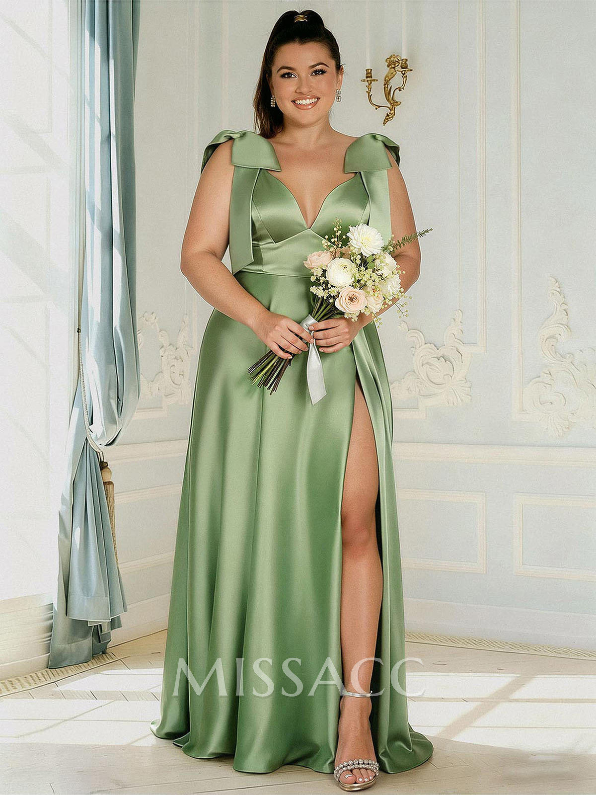 A-Line Plunge Neck Sleeveless Floor-Length Satin Bridesmaid Dresses With Bow(s)/High Split