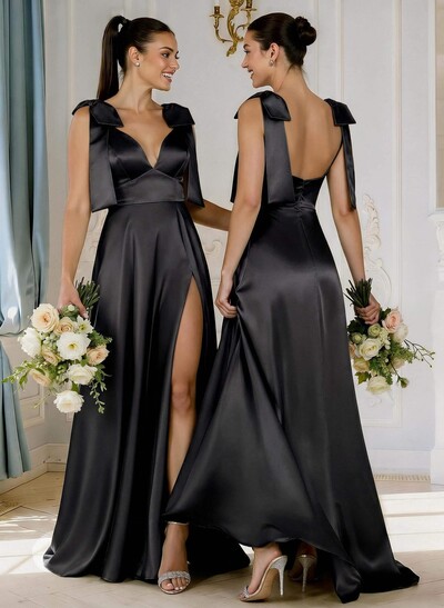 A-Line Plunge Neck Sleeveless Floor-Length Satin Bridesmaid Dresses With Bow(s)/High Split