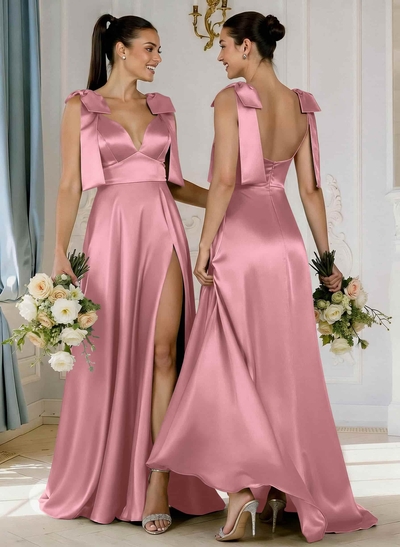 A-Line Plunge Neck Sleeveless Floor-Length Satin Bridesmaid Dresses With Bow(s)/High Split