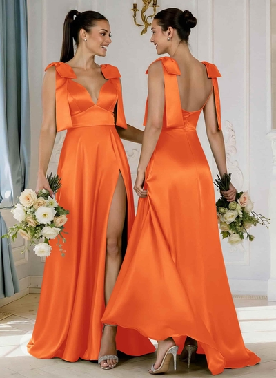 A-Line Plunge Neck Sleeveless Floor-Length Satin Bridesmaid Dresses With Bow(s)/High Split