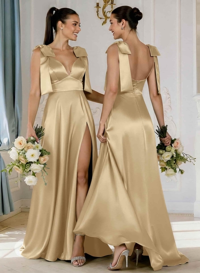 A-Line Plunge Neck Sleeveless Floor-Length Satin Bridesmaid Dresses With Bow(s)/High Split