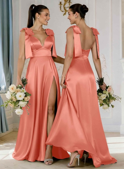 A-Line Plunge Neck Sleeveless Floor-Length Satin Bridesmaid Dresses With Bow(s)/High Split