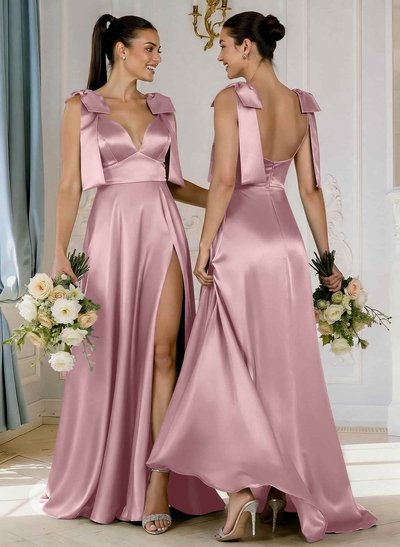 A-Line Plunge Neck Sleeveless Floor-Length Satin Bridesmaid Dresses With Bow(s)/High Split