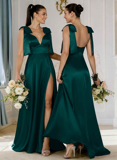 A-Line Plunge Neck Sleeveless Floor-Length Satin Bridesmaid Dresses With Bow(s)/High Split