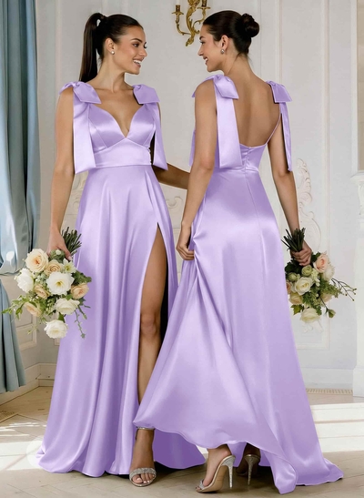 A-Line Plunge Neck Sleeveless Floor-Length Satin Bridesmaid Dresses With Bow(s)/High Split
