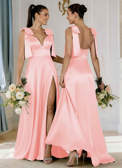 A-Line Plunge Neck Sleeveless Floor-Length Satin Bridesmaid Dresses With Bow(s)/High Split