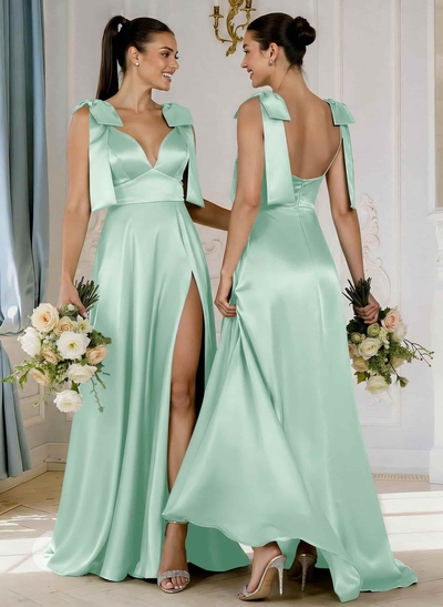 A-Line Plunge Neck Sleeveless Floor-Length Satin Bridesmaid Dresses With Bow(s)/High Split