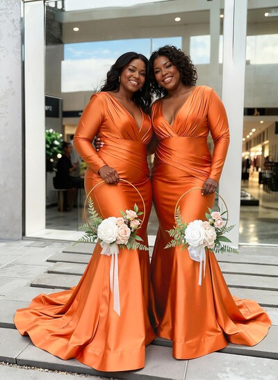 Trumpet/Mermaid Plunge Neck Long Sleeves Sweep Train Charmeuse Bridesmaid Dresses With Pleated