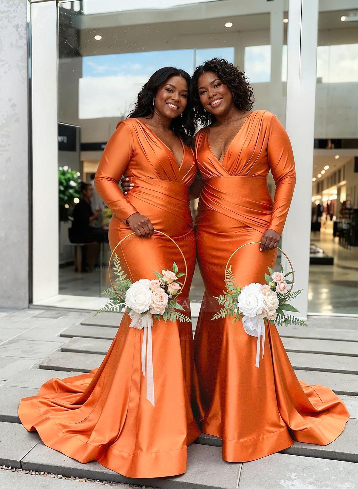 Trumpet/Mermaid Plunge Neck Long Sleeves Sweep Train Charmeuse Bridesmaid Dresses With Pleated