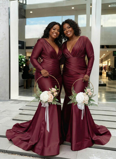 Trumpet/Mermaid Plunge Neck Long Sleeves Sweep Train Charmeuse Bridesmaid Dresses With Pleated