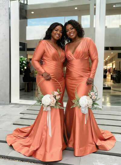 Trumpet/Mermaid Plunge Neck Long Sleeves Sweep Train Charmeuse Bridesmaid Dresses With Pleated