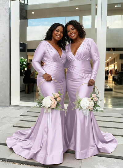 Trumpet/Mermaid Plunge Neck Long Sleeves Sweep Train Charmeuse Bridesmaid Dresses With Pleated