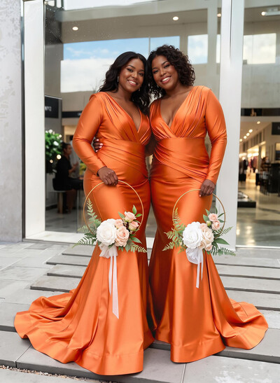 Trumpet/Mermaid Plunge Neck Long Sleeves Sweep Train Charmeuse Bridesmaid Dresses With Pleated
