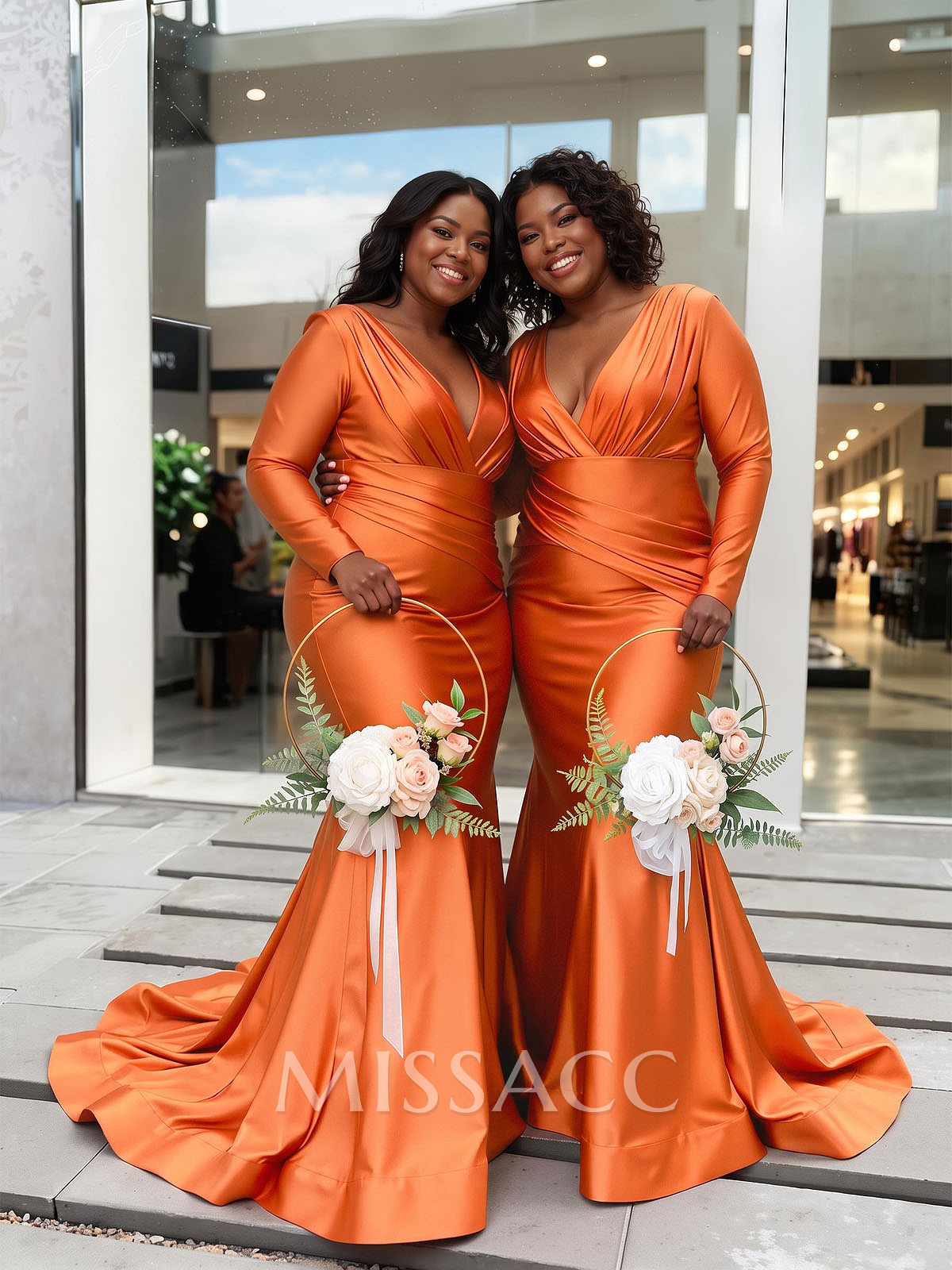 Trumpet/Mermaid Plunge Neck Long Sleeves Sweep Train Charmeuse Bridesmaid Dresses With Pleated