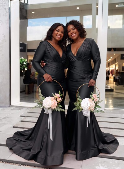 Trumpet/Mermaid Plunge Neck Long Sleeves Sweep Train Charmeuse Bridesmaid Dresses With Pleated