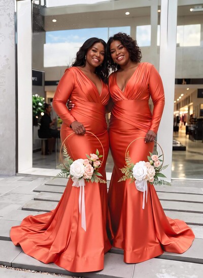 Trumpet/Mermaid Plunge Neck Long Sleeves Sweep Train Charmeuse Bridesmaid Dresses With Pleated