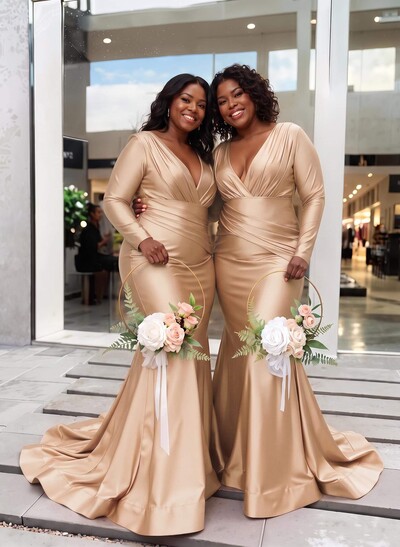 Trumpet/Mermaid Plunge Neck Long Sleeves Sweep Train Charmeuse Bridesmaid Dresses With Pleated