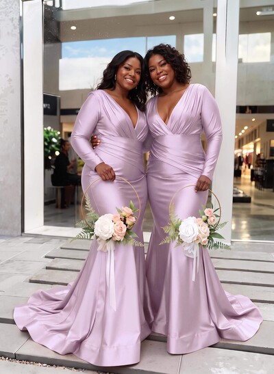 Trumpet/Mermaid Plunge Neck Long Sleeves Sweep Train Charmeuse Bridesmaid Dresses With Pleated