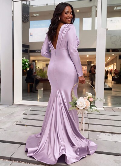 Trumpet/Mermaid Plunge Neck Long Sleeves Sweep Train Charmeuse Bridesmaid Dresses With Pleated