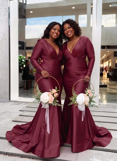 Trumpet/Mermaid Plunge Neck Long Sleeves Sweep Train Charmeuse Bridesmaid Dresses With Pleated