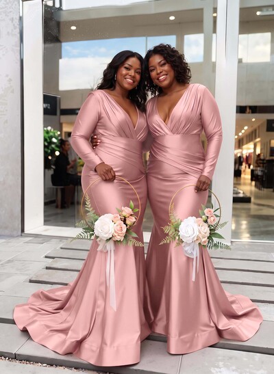 Trumpet/Mermaid Plunge Neck Long Sleeves Sweep Train Charmeuse Bridesmaid Dresses With Pleated