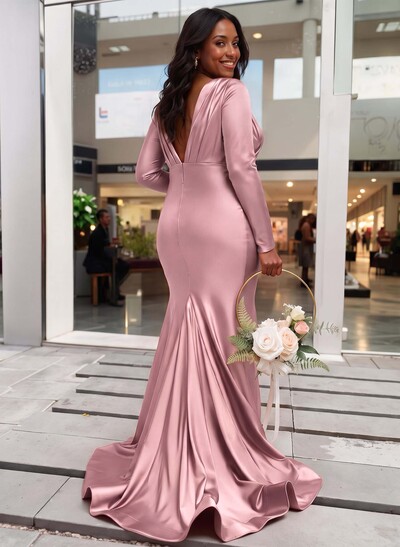 Trumpet/Mermaid Plunge Neck Long Sleeves Sweep Train Charmeuse Bridesmaid Dresses With Pleated