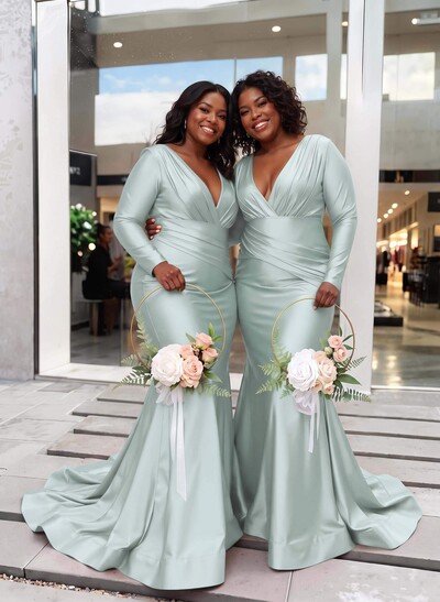Trumpet/Mermaid Plunge Neck Long Sleeves Sweep Train Charmeuse Bridesmaid Dresses With Pleated