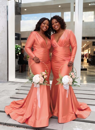 Trumpet/Mermaid Plunge Neck Long Sleeves Sweep Train Charmeuse Bridesmaid Dresses With Pleated