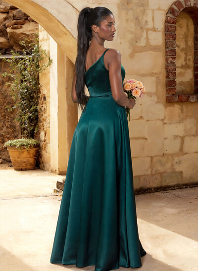 A-Line One-Shoulder Sleeveless Floor-Length Satin Bridesmaid Dresses With Cascading Ruffles/Pleated