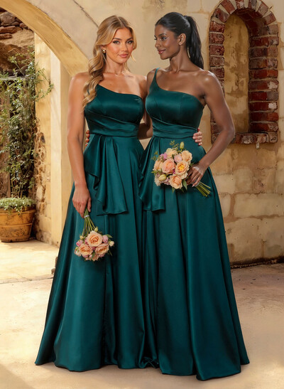 A-Line One-Shoulder Sleeveless Floor-Length Satin Bridesmaid Dresses With Cascading Ruffles/Pleated