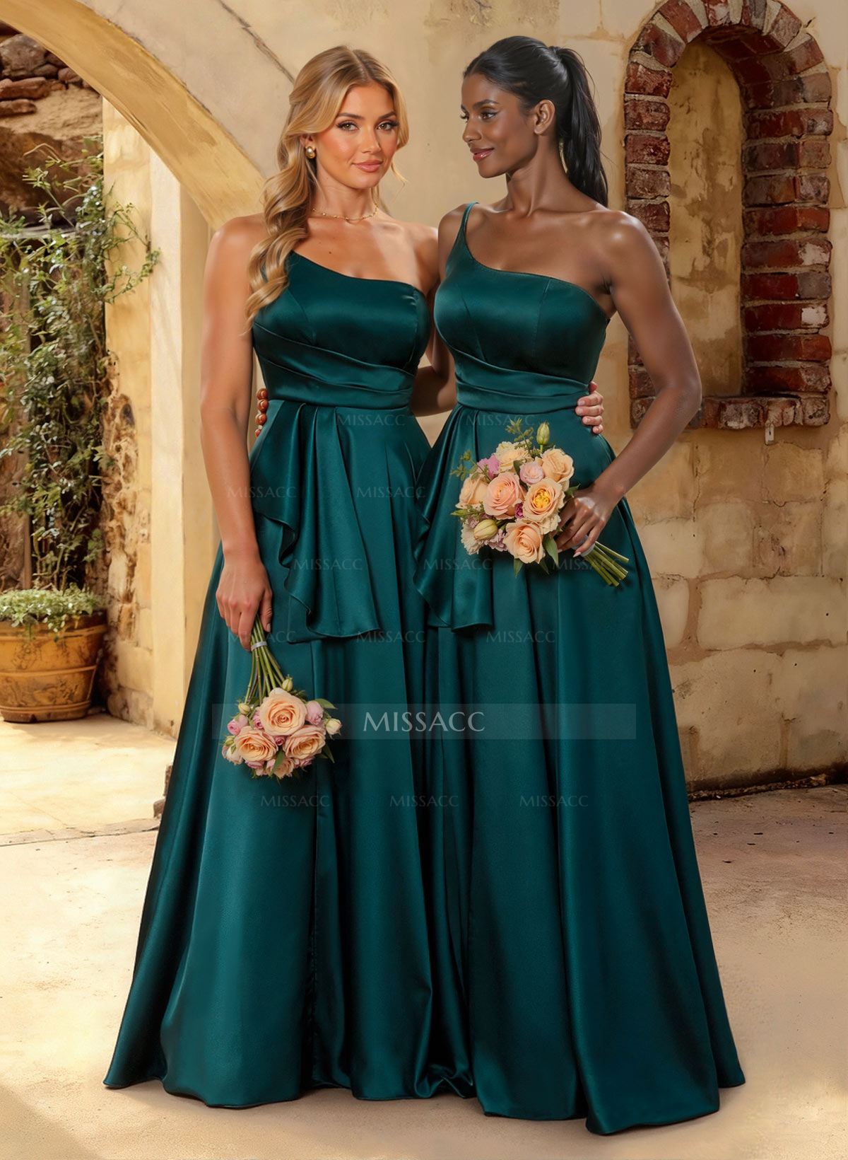 A-Line One-Shoulder Sleeveless Floor-Length Satin Bridesmaid Dresses With Cascading Ruffles/Pleated
