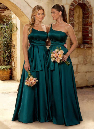 A-Line One-Shoulder Sleeveless Floor-Length Satin Bridesmaid Dresses With Cascading Ruffles/Pleated