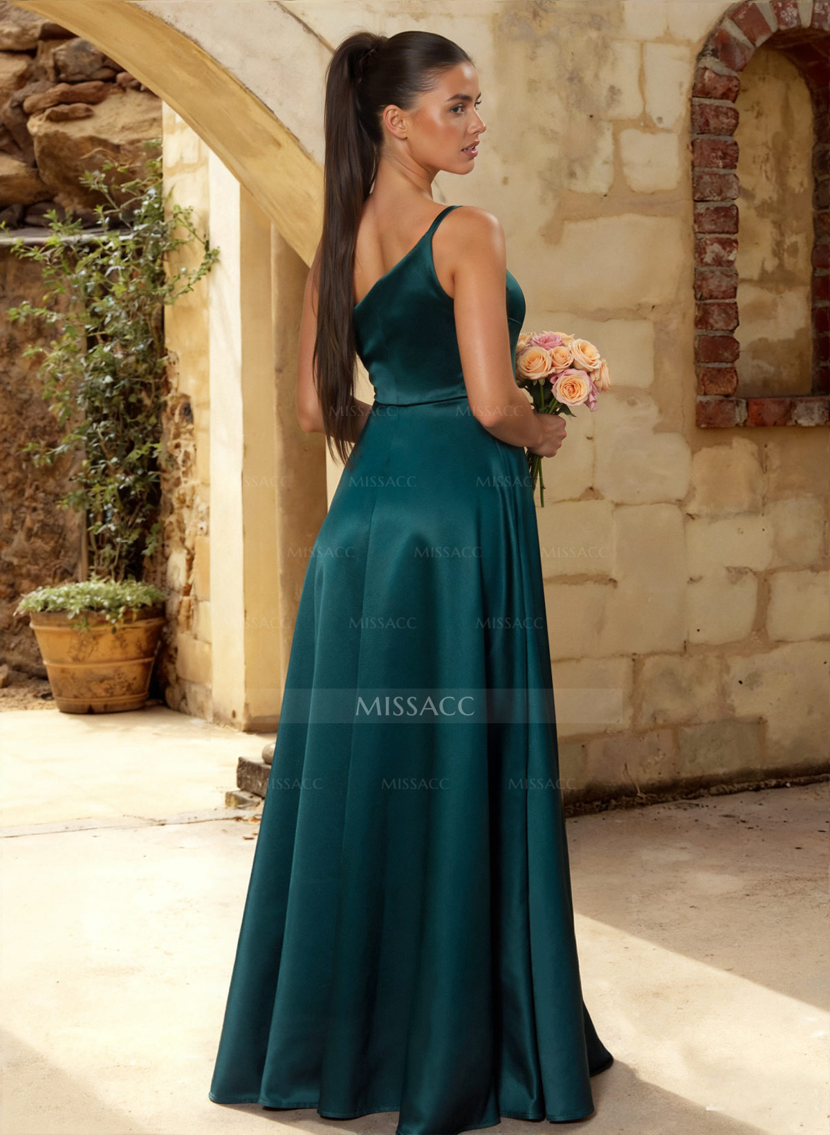 A-Line One-Shoulder Sleeveless Floor-Length Satin Bridesmaid Dresses With Cascading Ruffles/Pleated