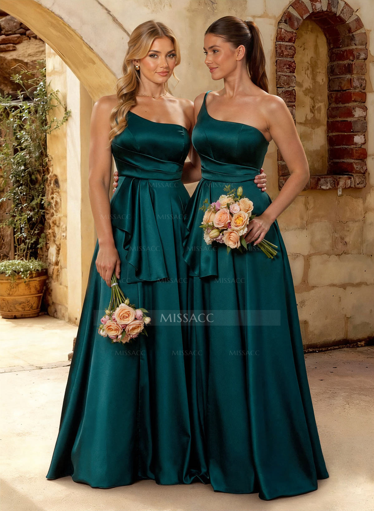 A-Line One-Shoulder Sleeveless Floor-Length Satin Bridesmaid Dresses With Cascading Ruffles/Pleated